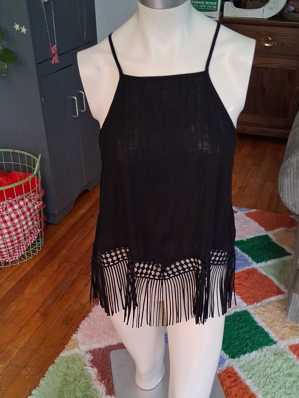 Black Fringe Camisole Tank Top with Spaghetti Straps